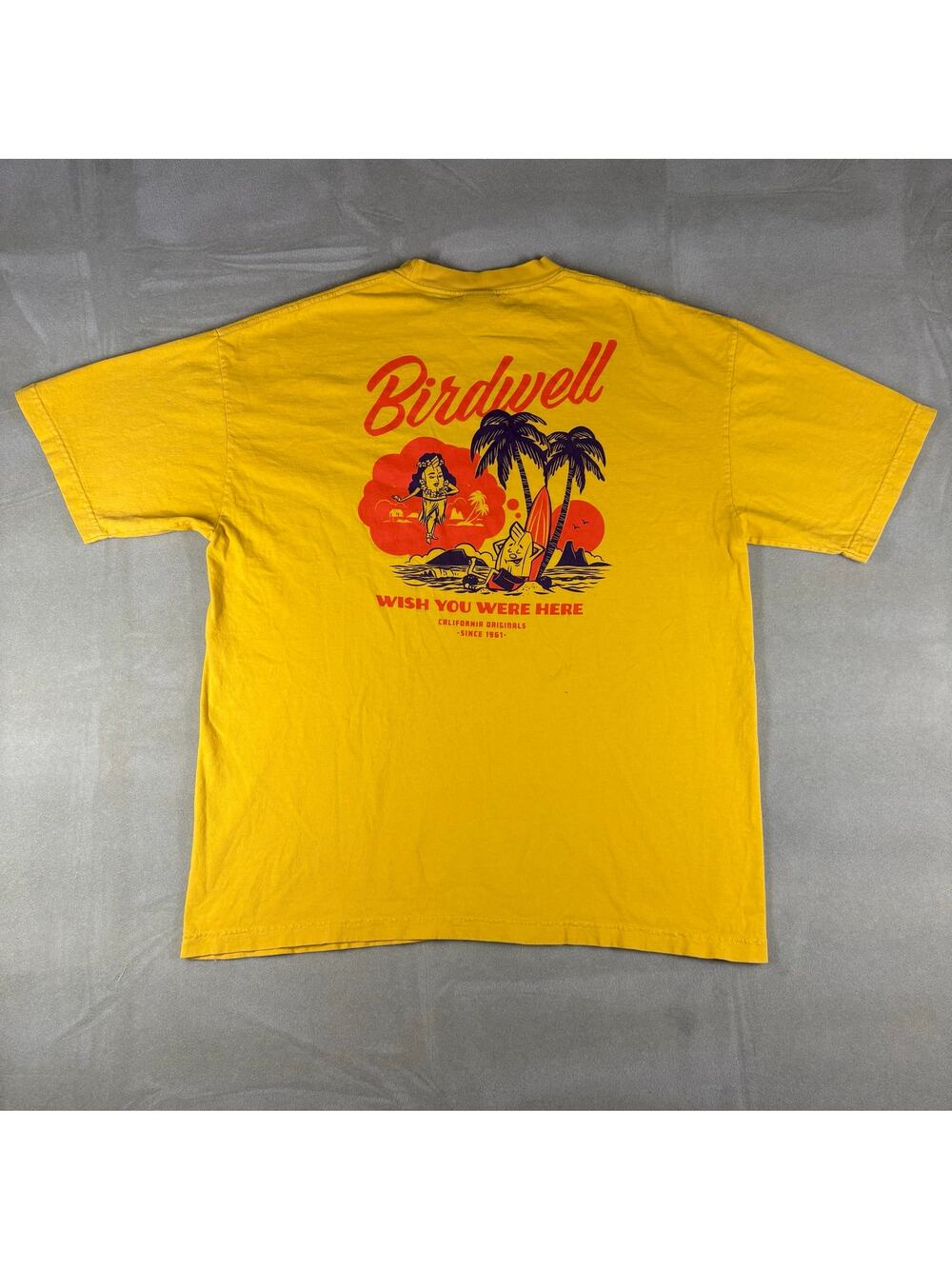 Birdwell Surf T Shirt Mens L Yellow Wish You Were Here USA Graphic Tee
